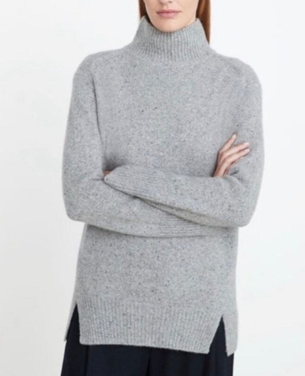 Vince XS Donegal Mock Neck Split Side 100% Cashmere Gray Sweater Minimalist EUC
